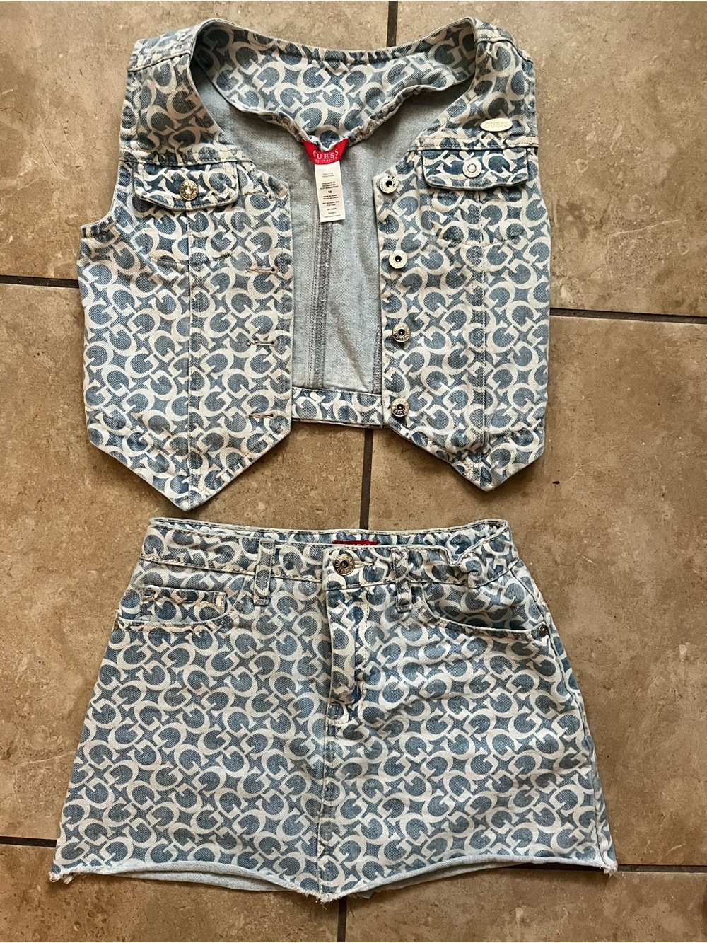 Guess Denim Monogram Vest & Skirt Set - Light Blue